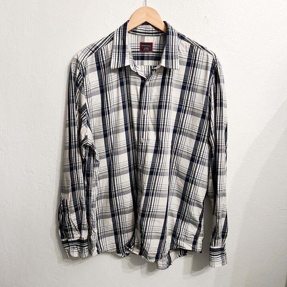 Untuckit Plaid Cotton Button Down Dress Shirt XL Navy Blue White Office Work
